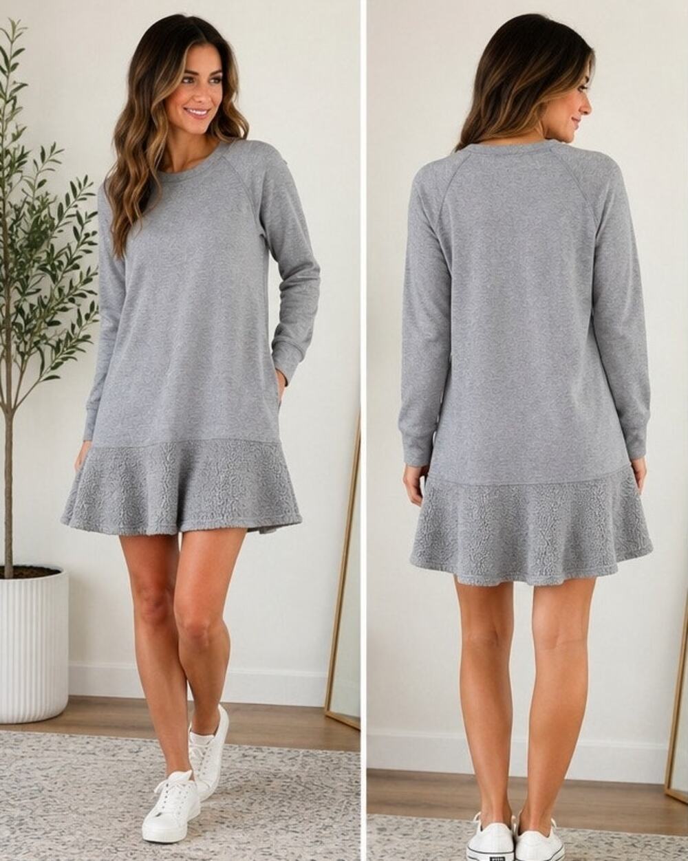 Cabi Gray Sweatshirt Dress Sherpa Hem Cozy Long Sleeve Small